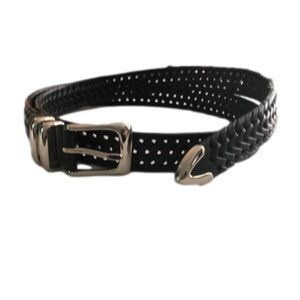 Perry Ellis Portfolio woven black leather belt. Silver tone hardware. 52” long.